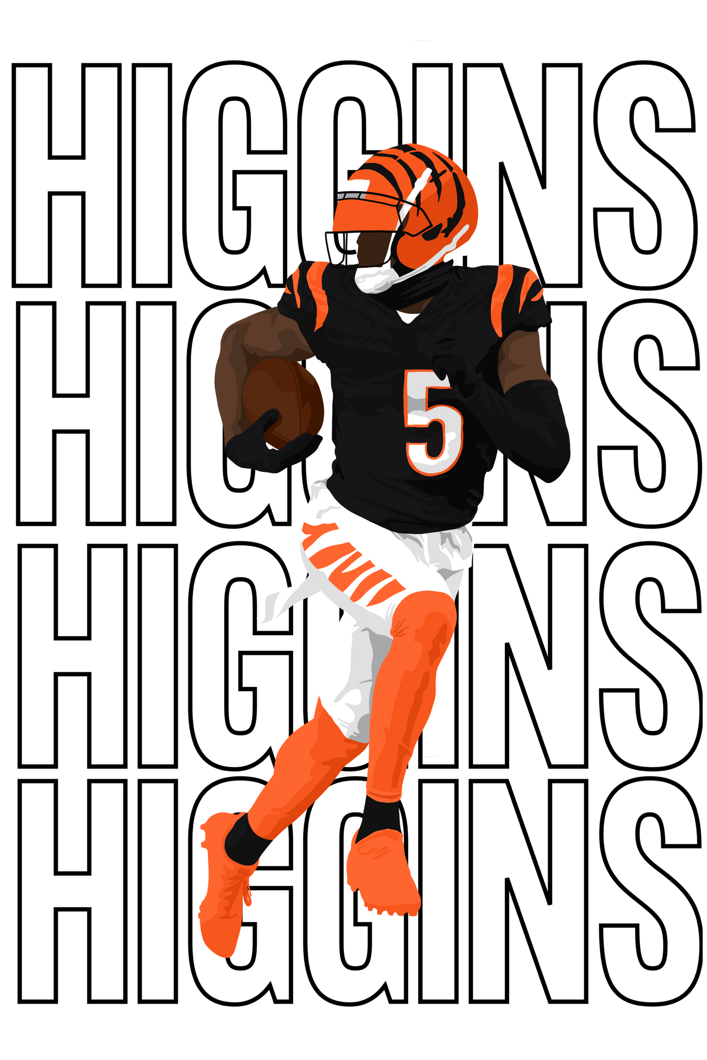 Football player in black and orange uniform with 'Higgins' text overlay