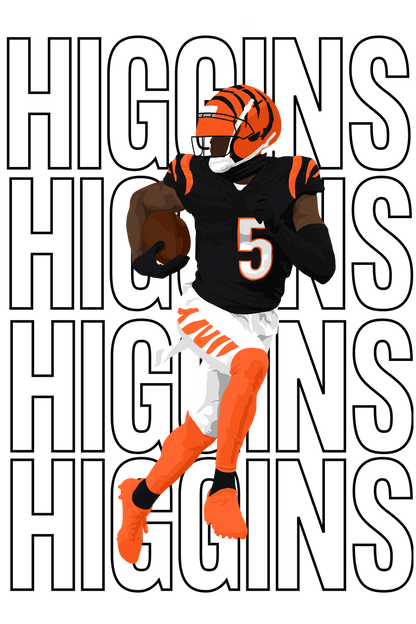Football player in black and orange uniform with 'Higgins' text overlay