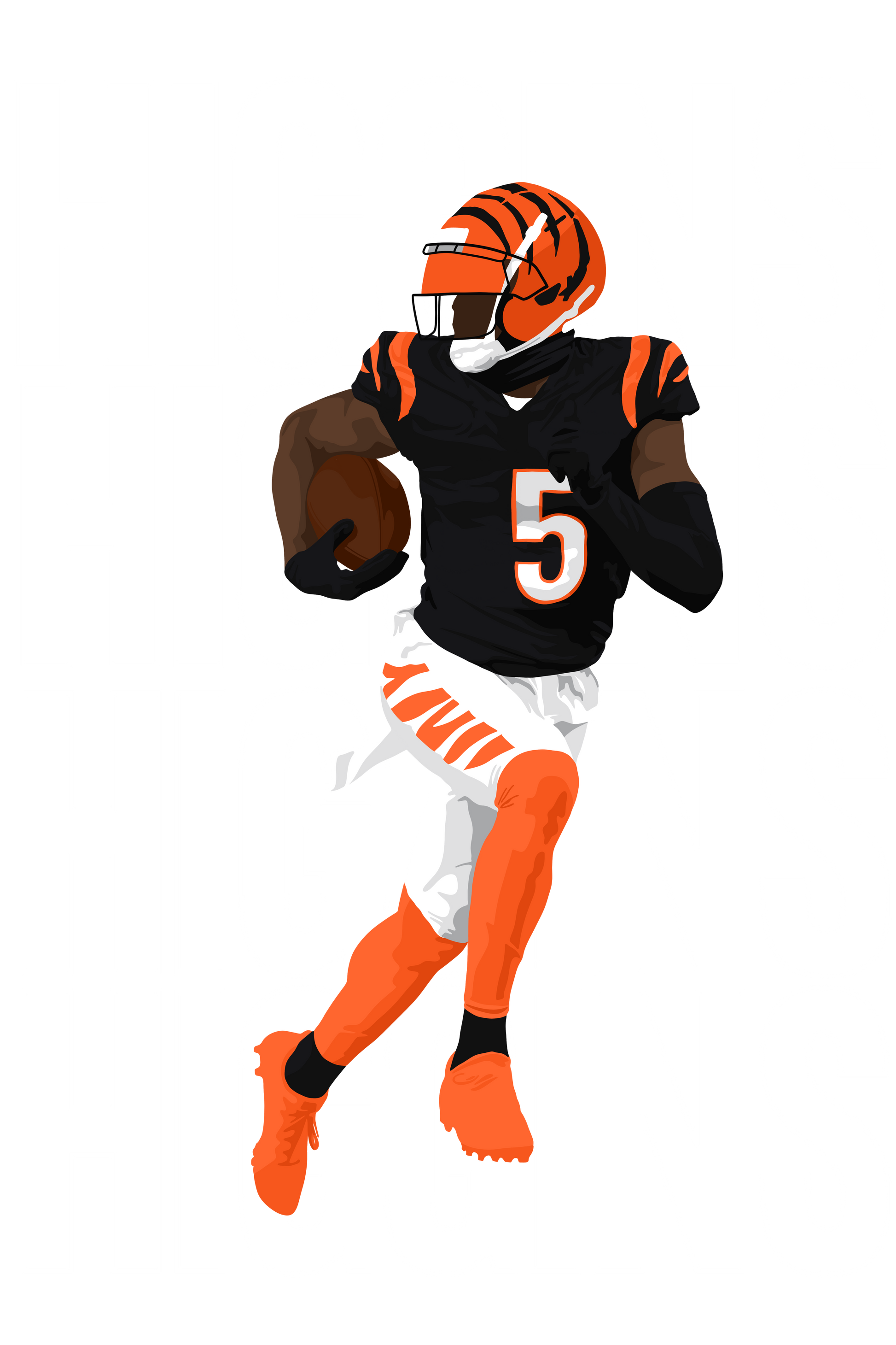 Football player in black and orange uniform with number 5 on a white background