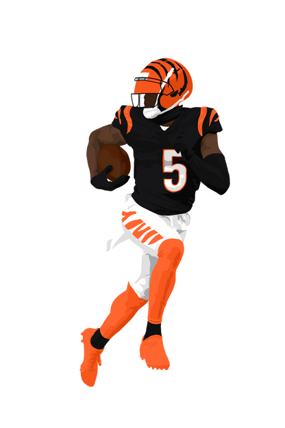 Football player in black and orange uniform with number 5 on a white background